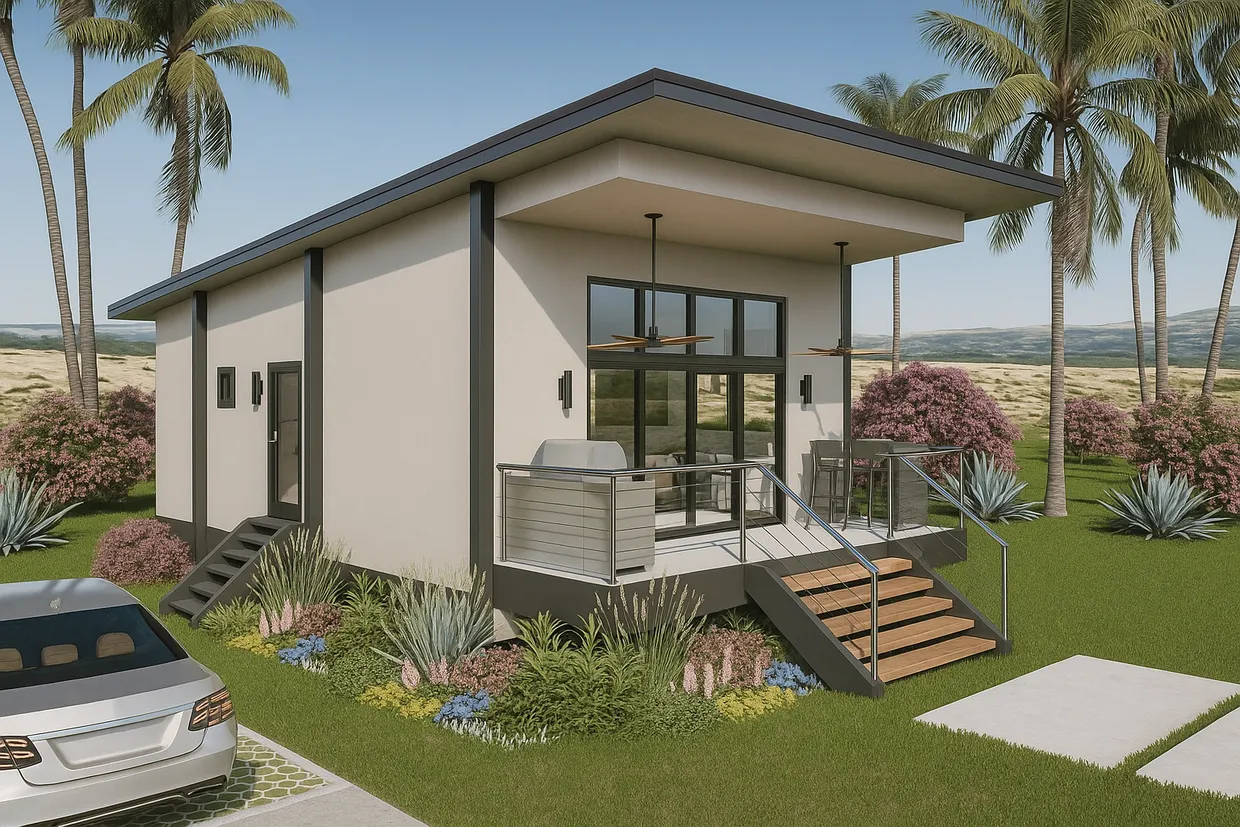 Casa moderna pequeña con jardín y palmeras.