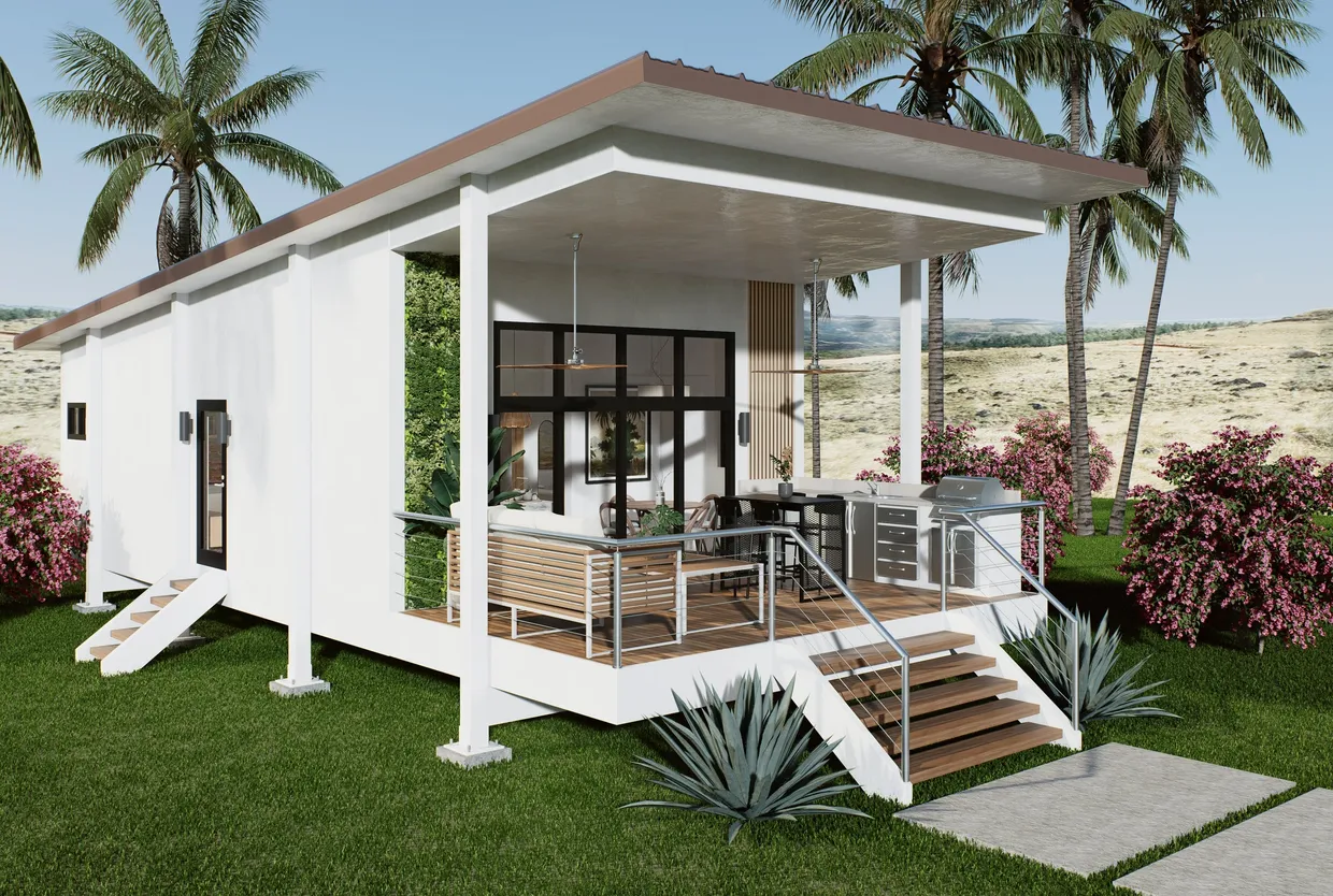 Petite maison moderne avec terrasse couverte et mobilier extérieur.