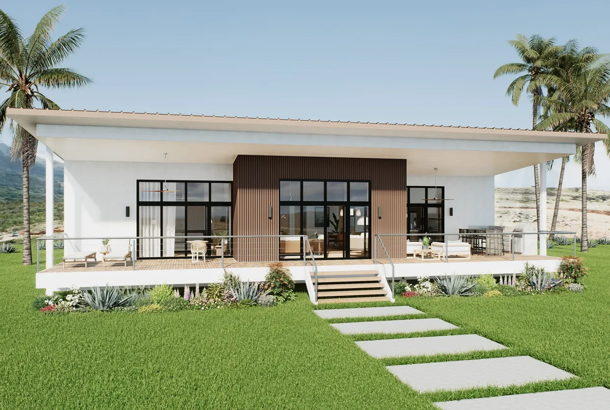 Modern single-story house with large windows and a spacious porch surrounded by greenery.