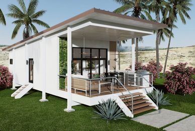 Casa moderna pequeña con porche en zona tropical.